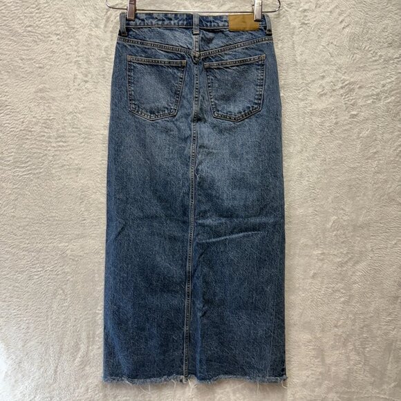 Zara Maxi Denim Skirt Womens XS Y2K Jean Blue Front Slit Streetwear Frayed 90s - Picture 4 of 13